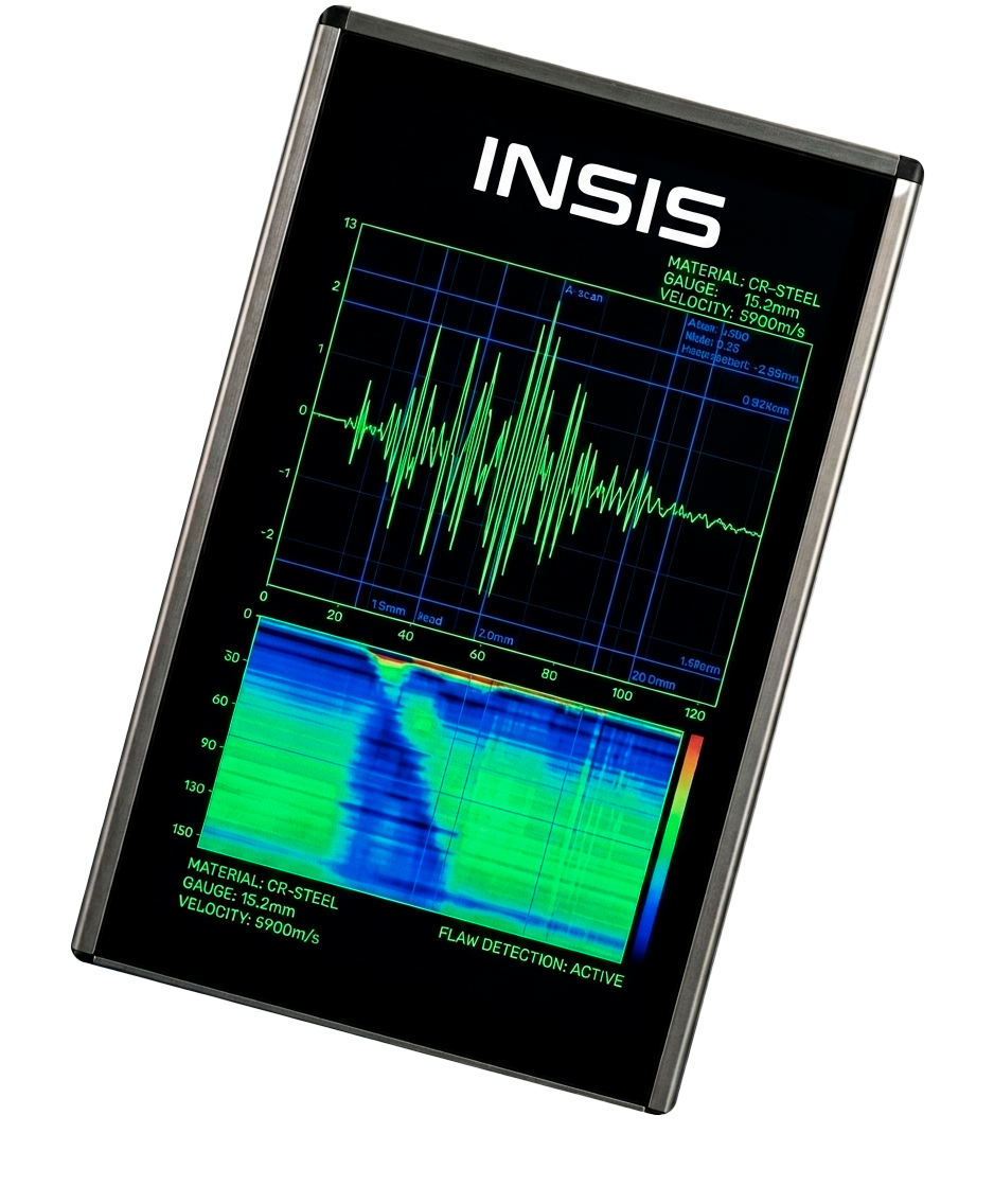 Pantalla digital de equipo ultrasónico de INSIS mostrando lecturas de ondas para detección de fallas