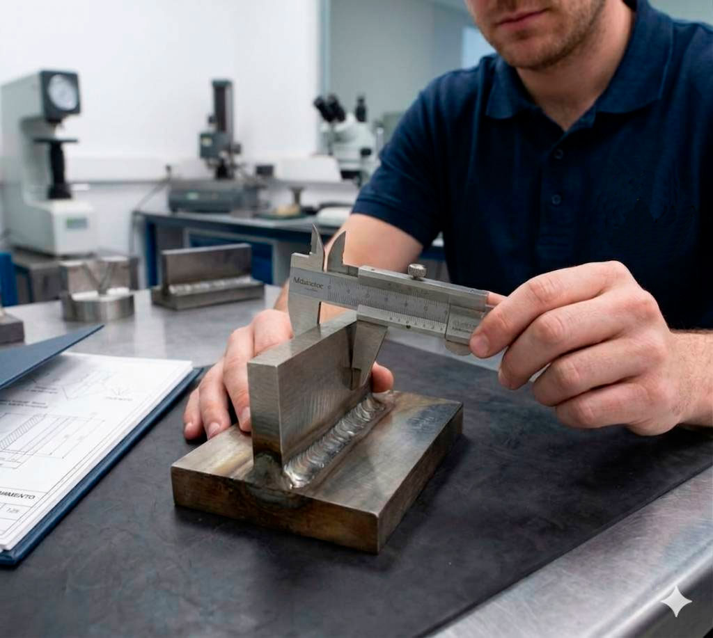 Inspector técnico de INSIS mientras realiza la medición y control de calidad de una soldadura.